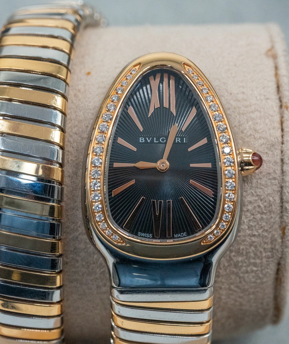 Bvlgari Serpenti 35mm Black Dial 18K Yellow Gold and Stainless Steel Tubogas Women's Wristwatch with Diamond Encrusted Bezel