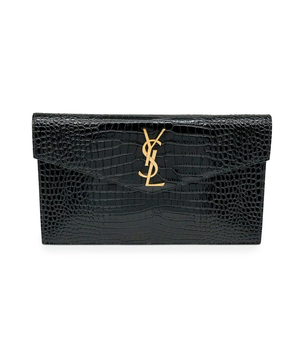 Saint Laurent Black Shine Croc Embossed Leather Medium Uptown Pouch
