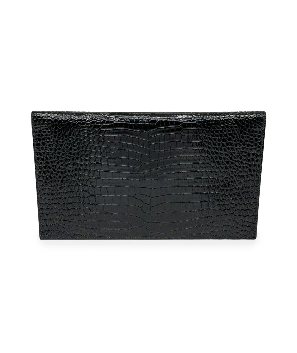 Saint Laurent Black Shine Croc Embossed Leather Medium Uptown Pouch