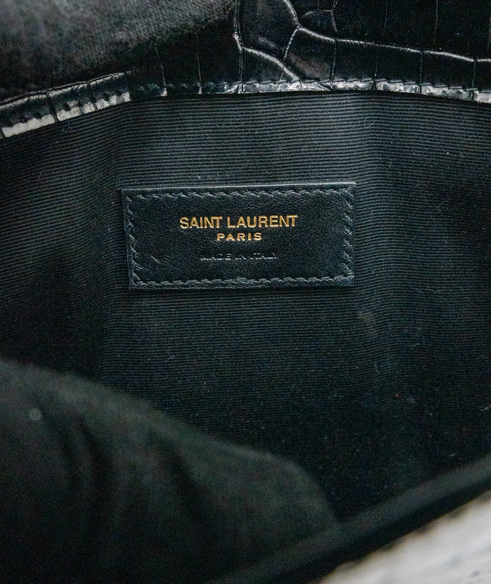 Saint Laurent Black Shine Croc Embossed Leather Medium Uptown Pouch