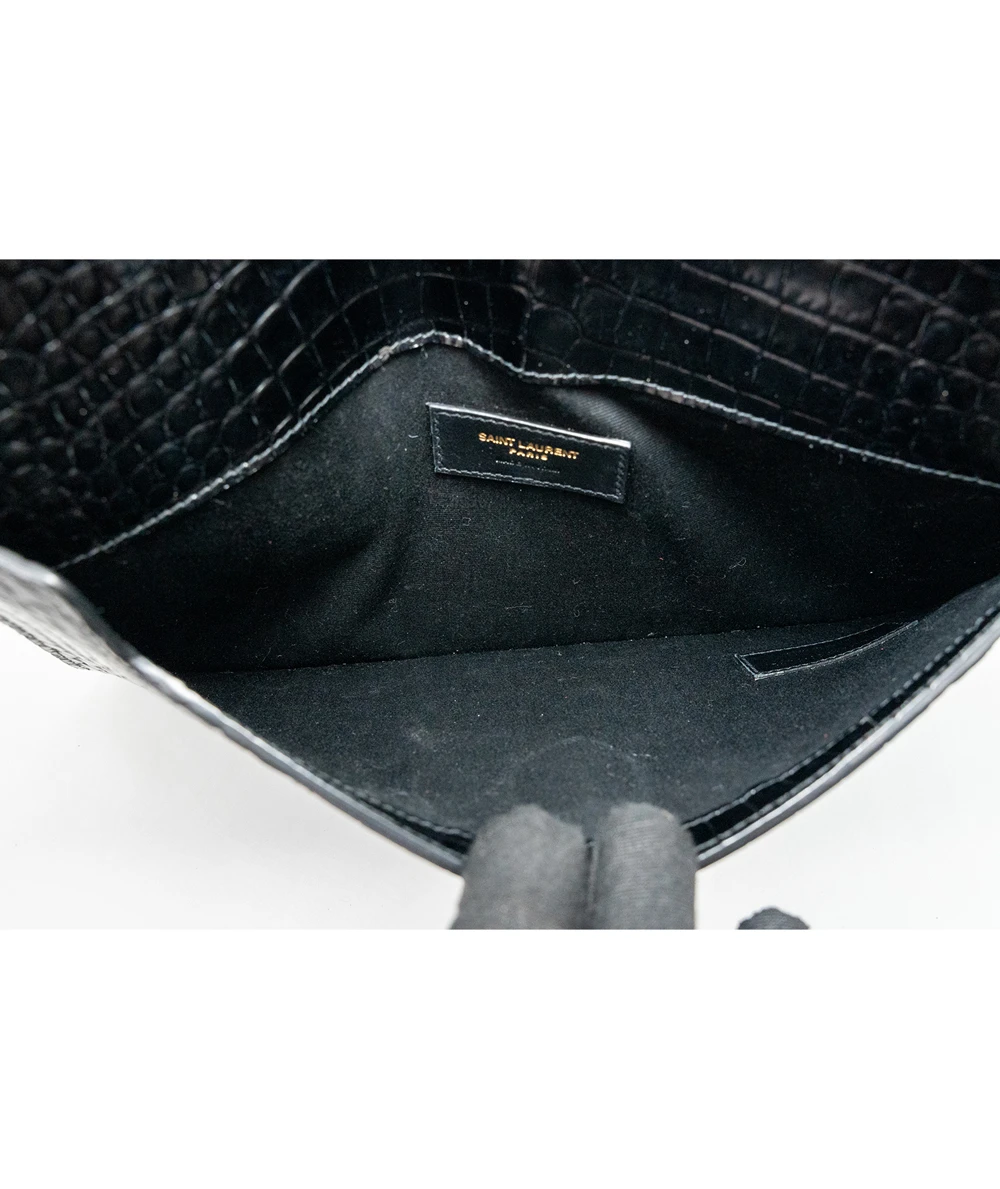 Saint Laurent Black Shine Croc Embossed Leather Medium Uptown Pouch