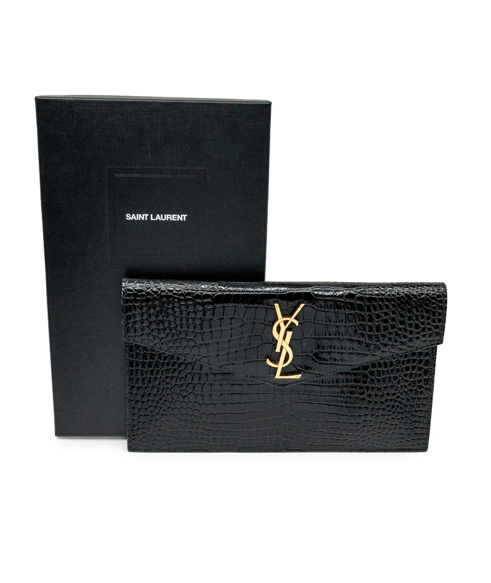 Saint Laurent Black Shine Croc Embossed Leather Medium Uptown Pouch