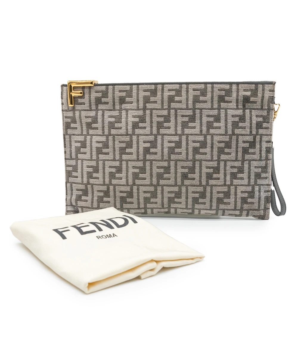 Fendi Logo Plaque Monogram Jacquard Fabric Large Clutch Bag
