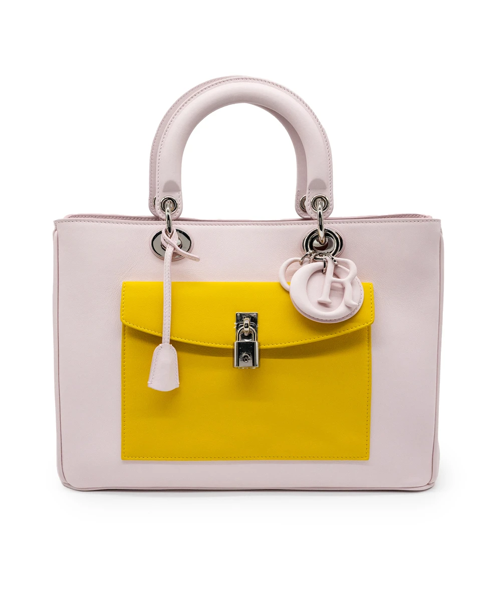 Dior Tri Color (Pink, Yellow, Black) Calfskin Leather Medium Diorissimo Pocket Tote Bag