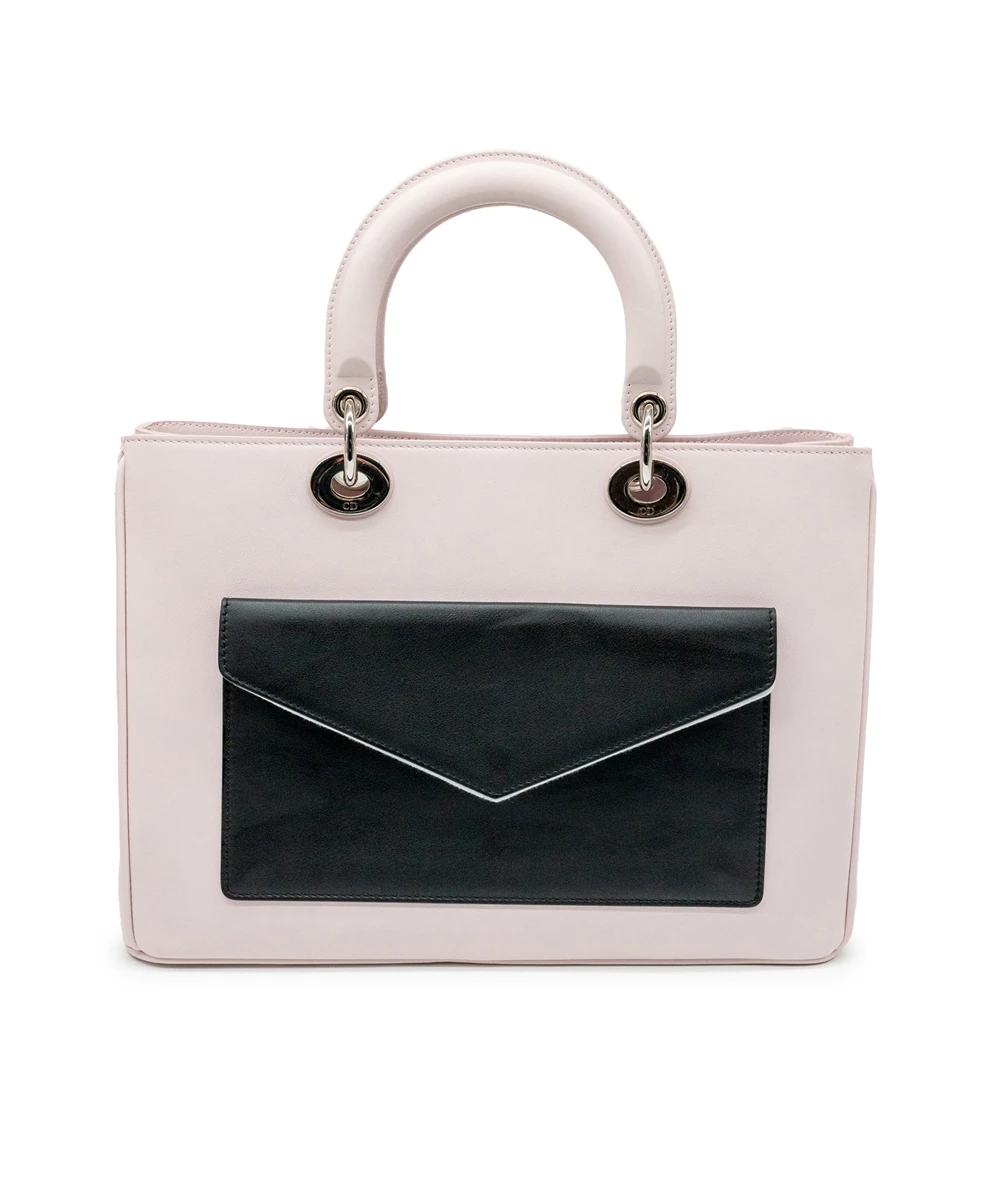 Dior Tri Color (Pink, Yellow, Black) Calfskin Leather Medium Diorissimo Pocket Tote Bag