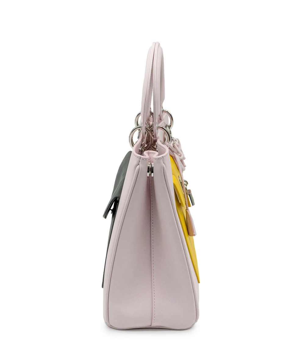 Dior Tri Color (Pink, Yellow, Black) Calfskin Leather Medium Diorissimo Pocket Tote Bag