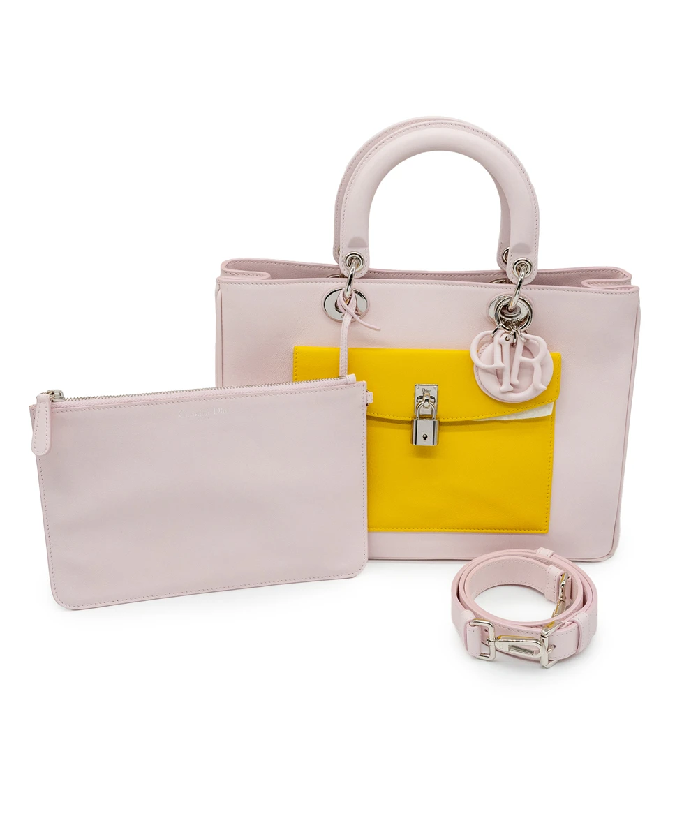 Dior Tri Color (Pink, Yellow, Black) Calfskin Leather Medium Diorissimo Pocket Tote Bag