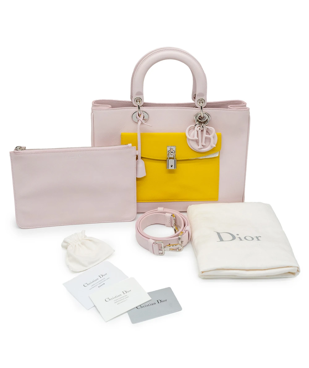 Dior Tri Color (Pink, Yellow, Black) Calfskin Leather Medium Diorissimo Pocket Tote Bag