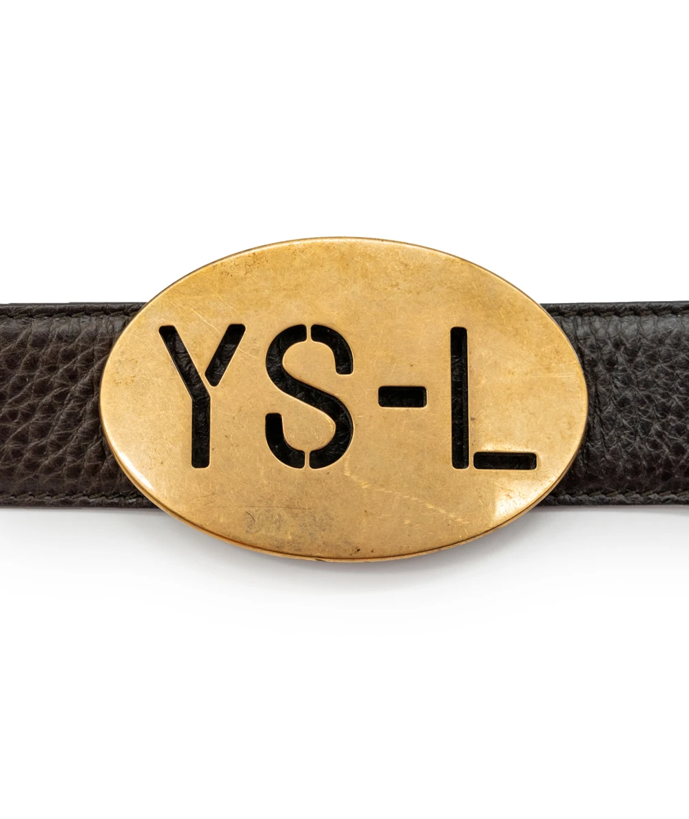Yves Saint Laurent Men's Belt in Dark Brown Leather with Gold YSL Oval Buckle