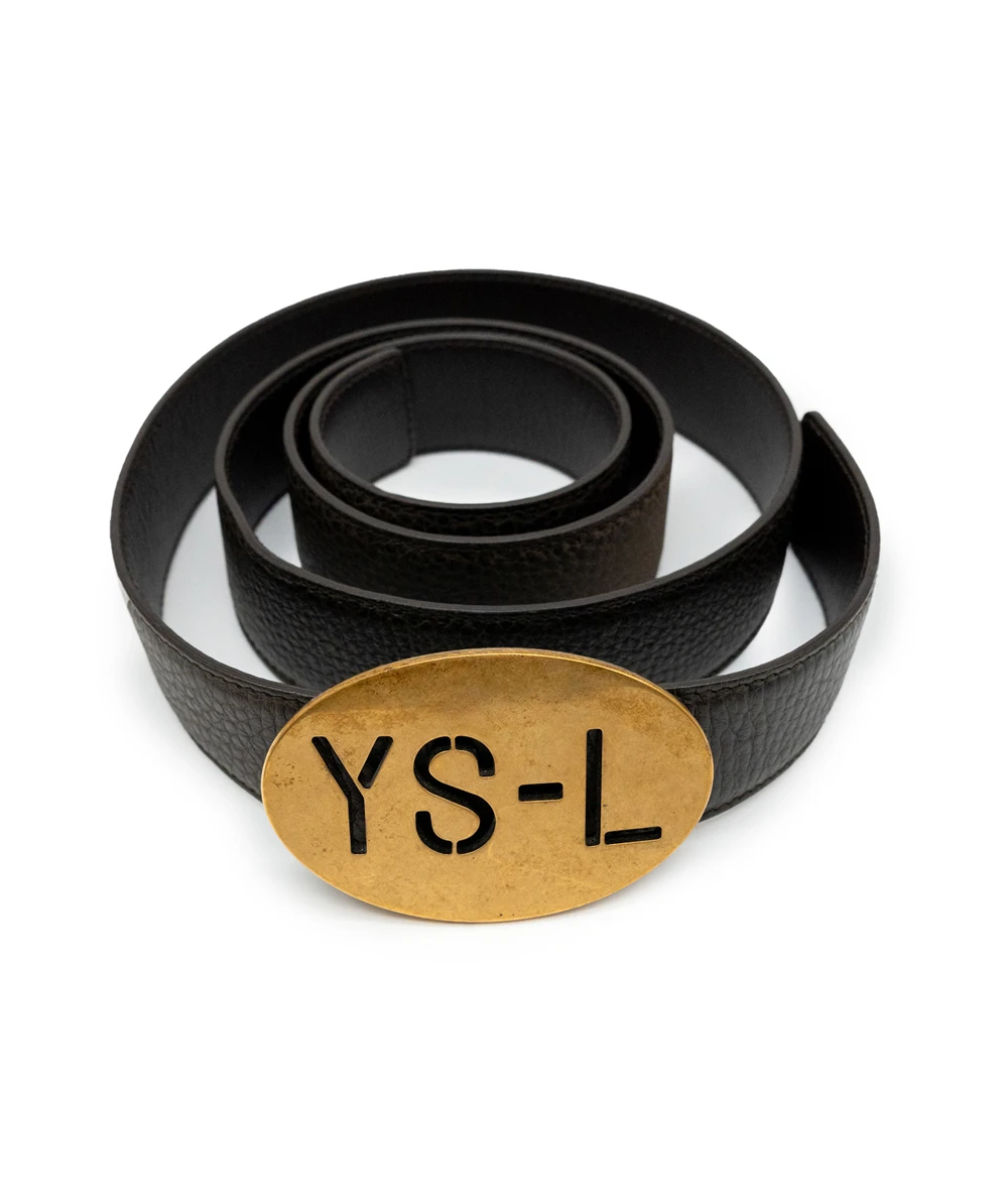 Yves Saint Laurent Men's Belt in Dark Brown Leather with Gold YSL Oval Buckle