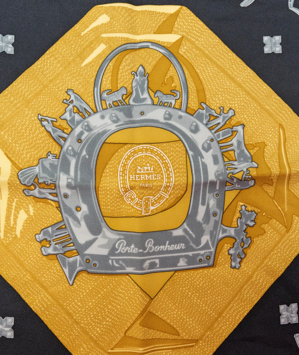 Hermes Black/Yellow 42 x 42cm Porte-Bonheur Printed Silk Square Scarf