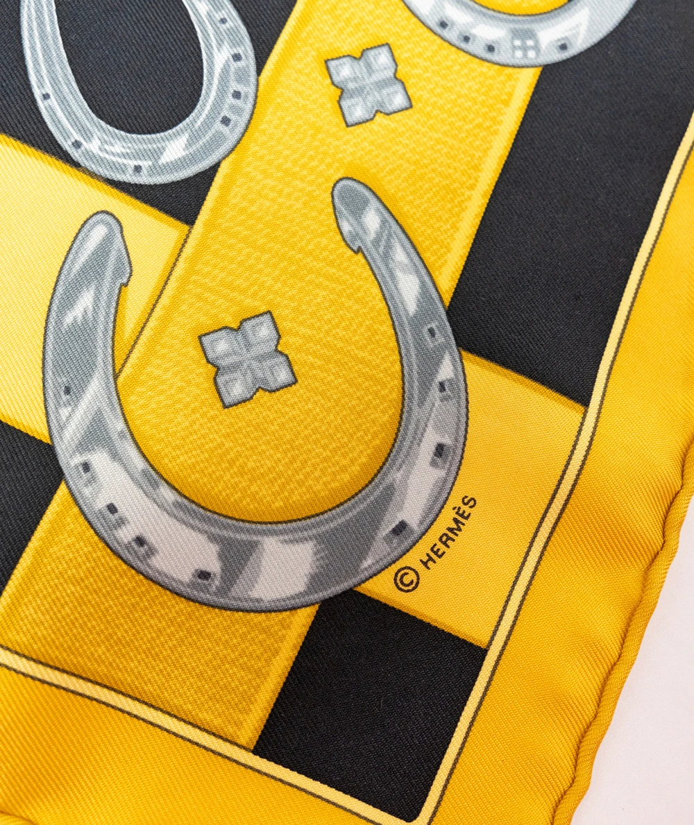 Hermes Black/Yellow 42 x 42cm Porte-Bonheur Printed Silk Square Scarf