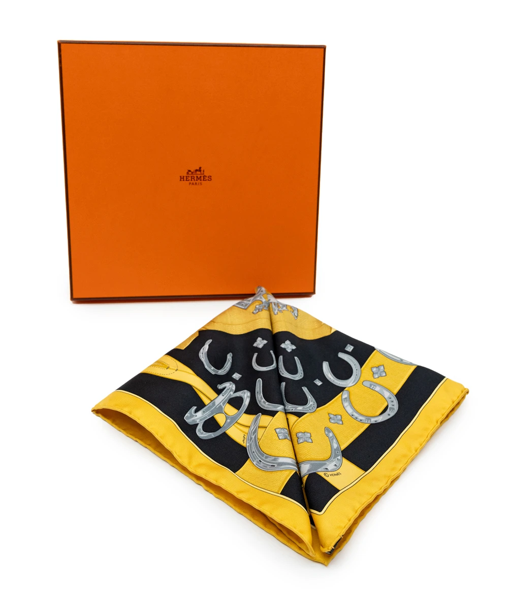 Hermes Black/Yellow 42 x 42cm Porte-Bonheur Printed Silk Square Scarf