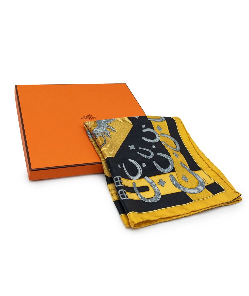 Hermes Black/Yellow 42 x 42cm Porte-Bonheur Printed Silk Square Scarf