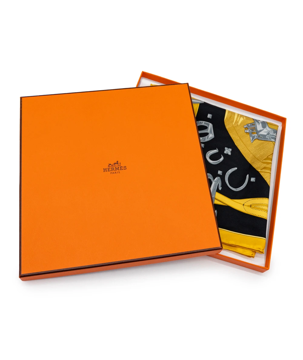 Hermes Black/Yellow 42 x 42cm Porte-Bonheur Printed Silk Square Scarf