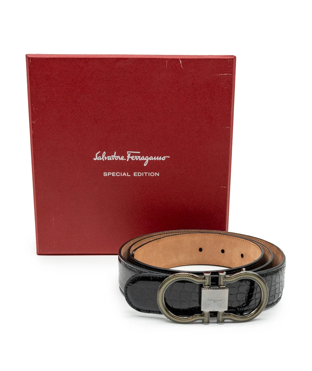 Salvatore Ferragamo Gancini Black Crocodile Leather Special Edition Men's Belt