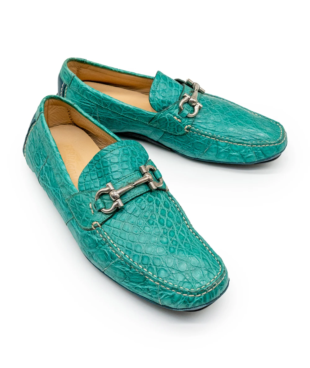 Salvatore Ferragamo Teal Croc Embossed Leather Parigi Loafers Size 42.5