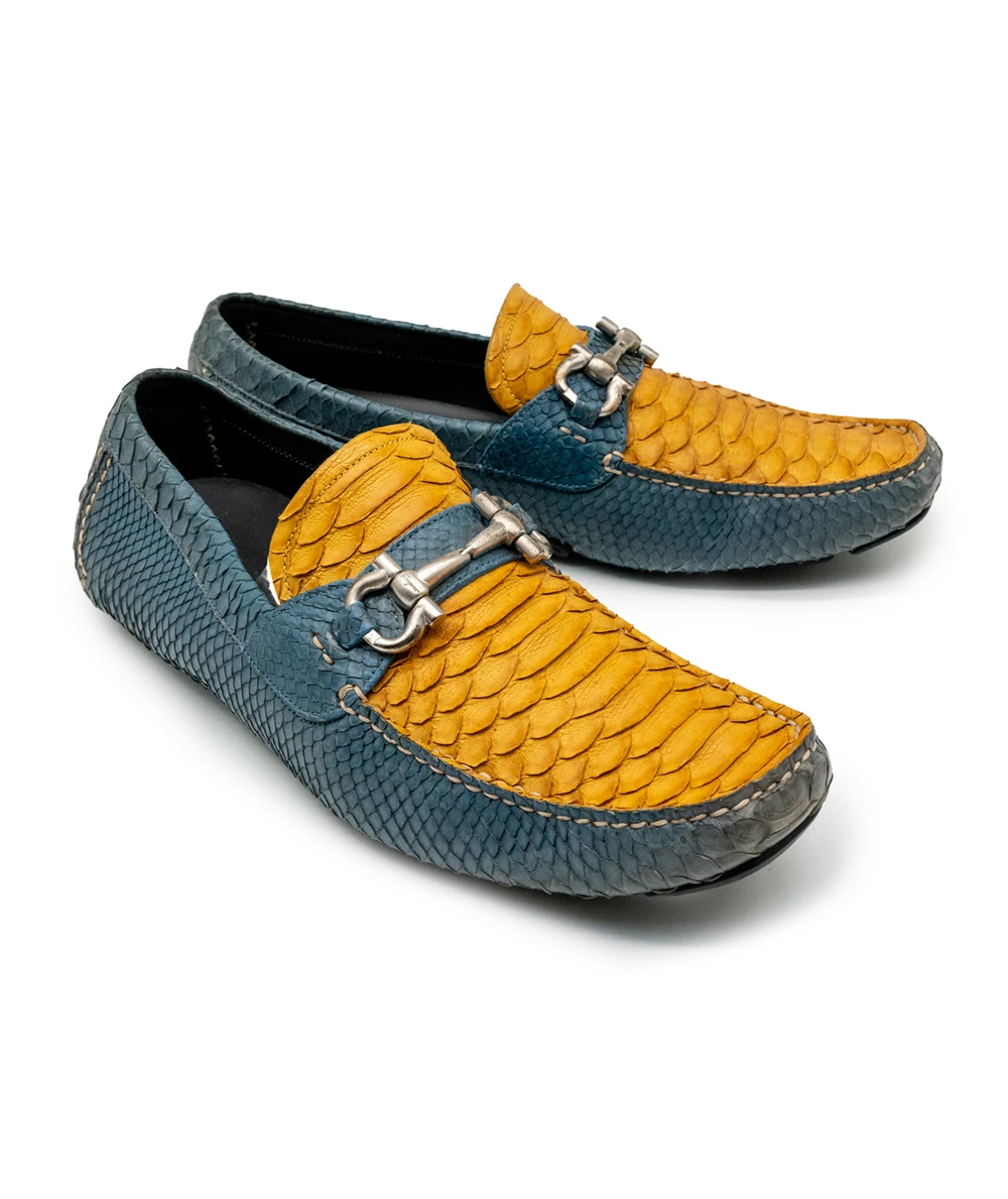 Salvatore Ferragamo Two Tone Blue and Mustard Python Parigi Gancini Driver Loafers in Size 42