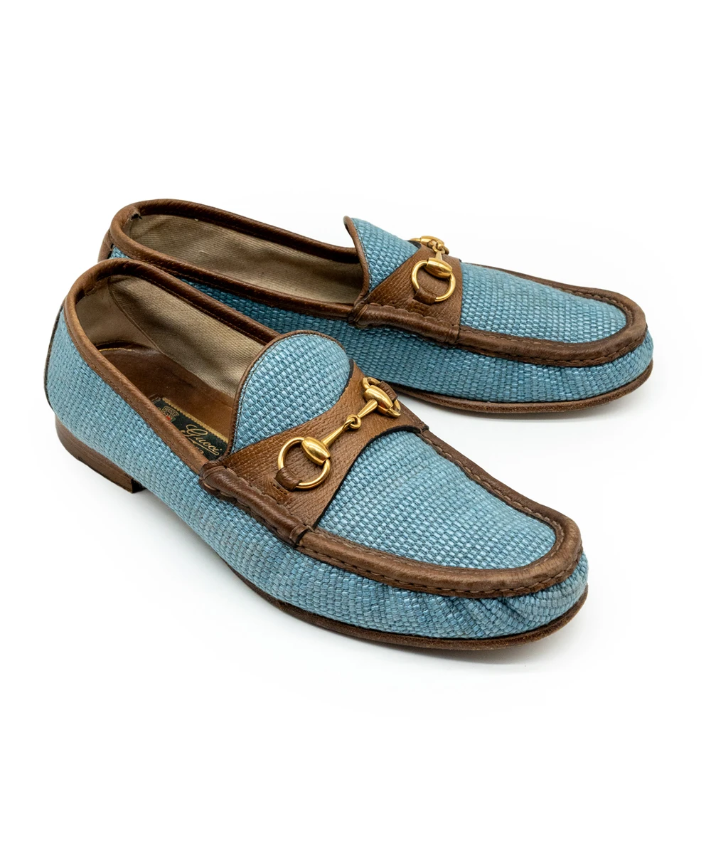 Gucci Blue/Brown Denim Fabric And Leather Men's Horsebit Loafers Size 42.5