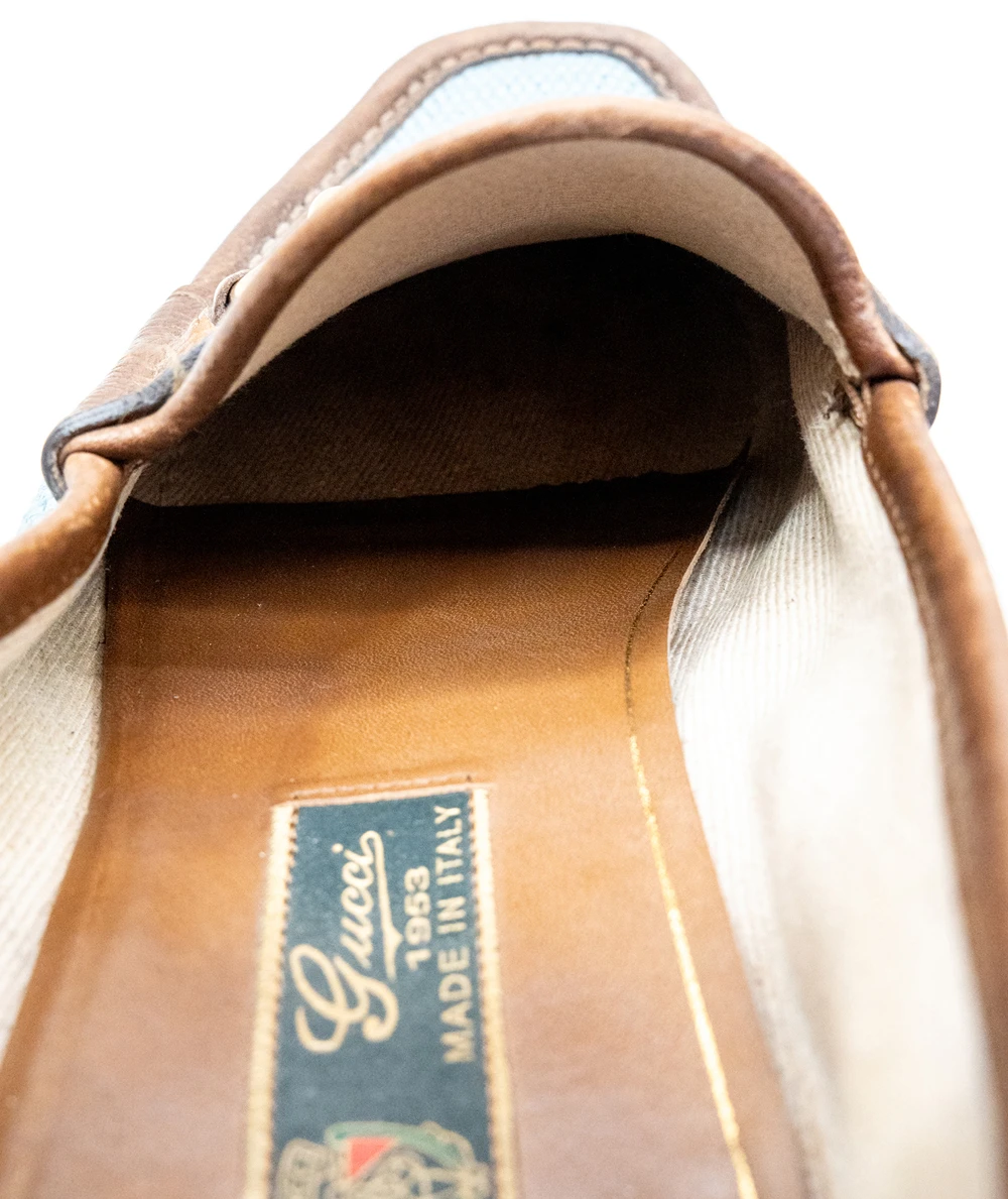 Gucci Blue/Brown Denim Fabric And Leather Men's Horsebit Loafers Size 42.5