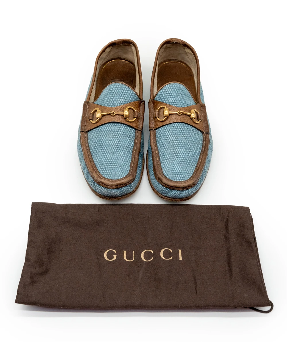 Gucci Blue/Brown Denim Fabric And Leather Men's Horsebit Loafers Size 42.5