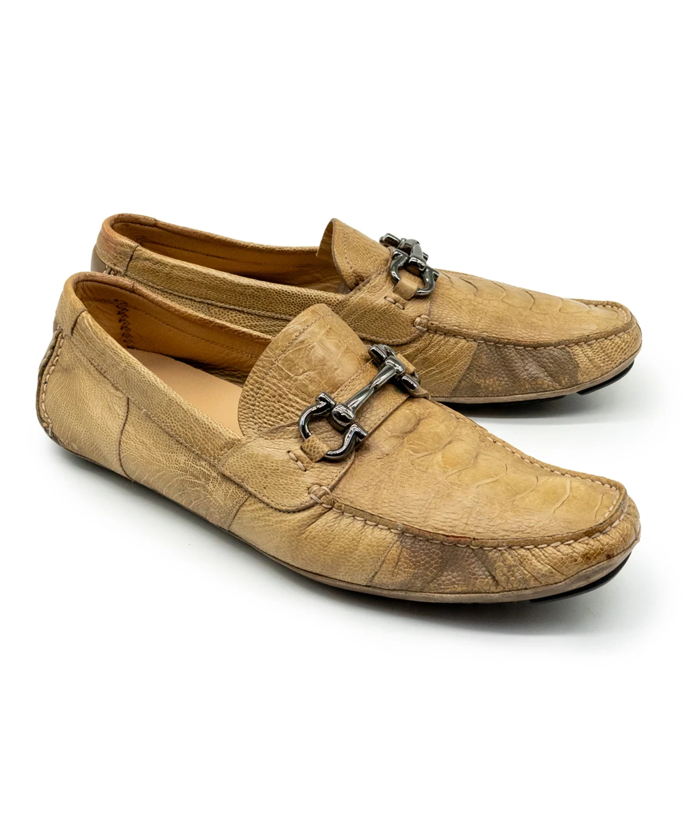 Salvatore Ferragamo Tan Colour Lizard Leather Men's Driver Shoes with Gancini ornament Size 42.5