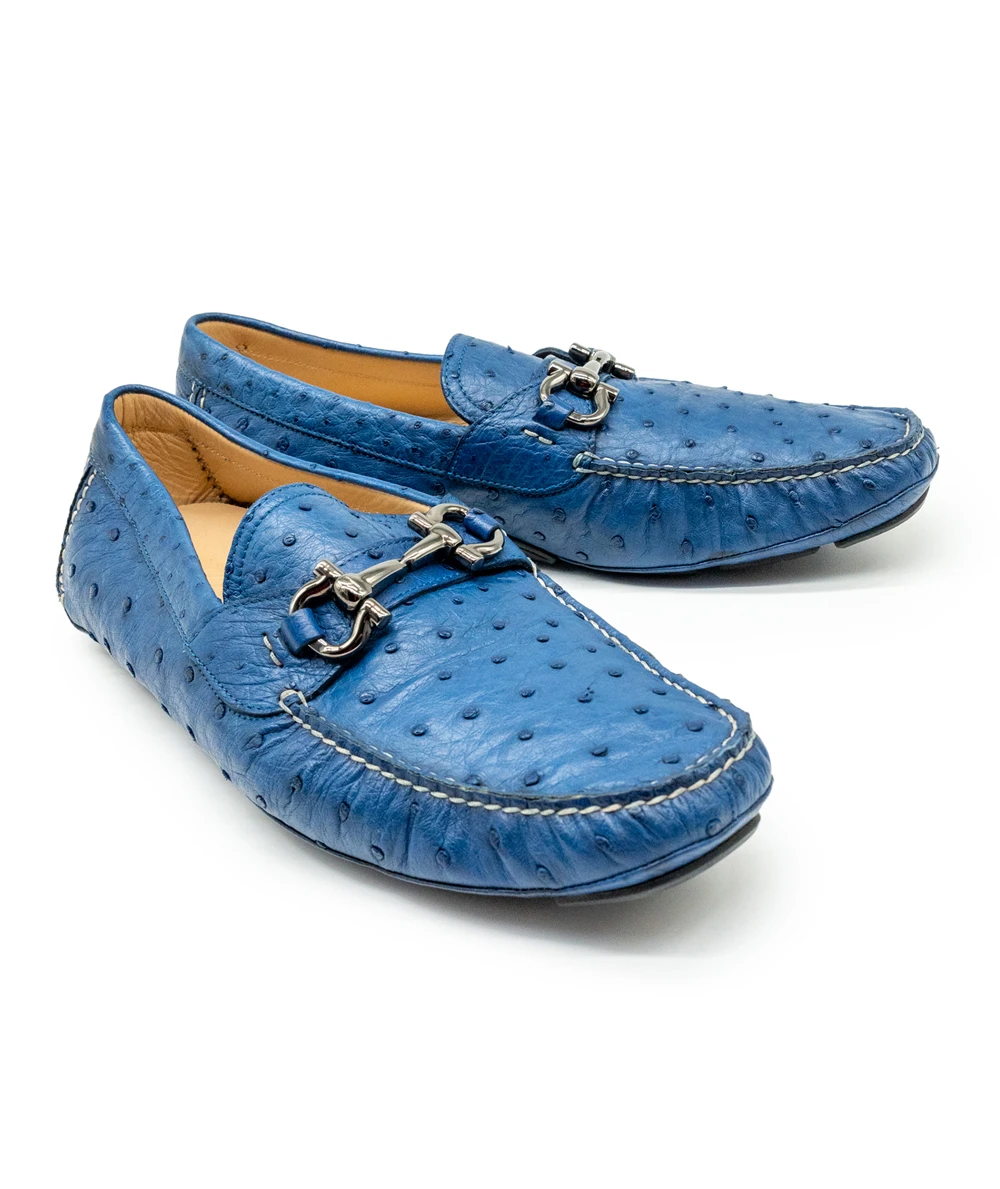 Salvatore Ferragamo Men's Blue Ostrich Leather Loafers Size 42.5