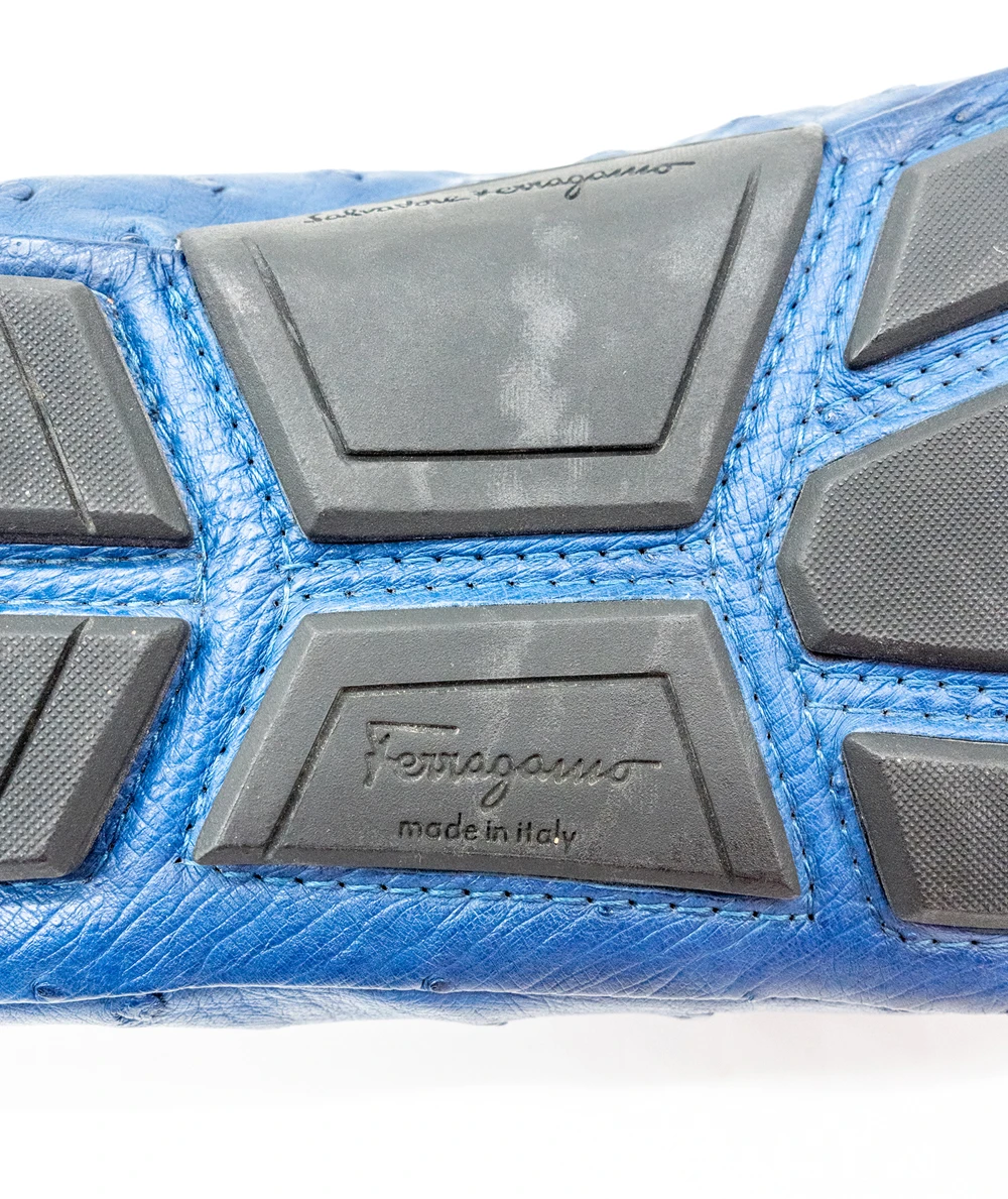 Salvatore Ferragamo Men's Blue Ostrich Leather Loafers Size 42.5