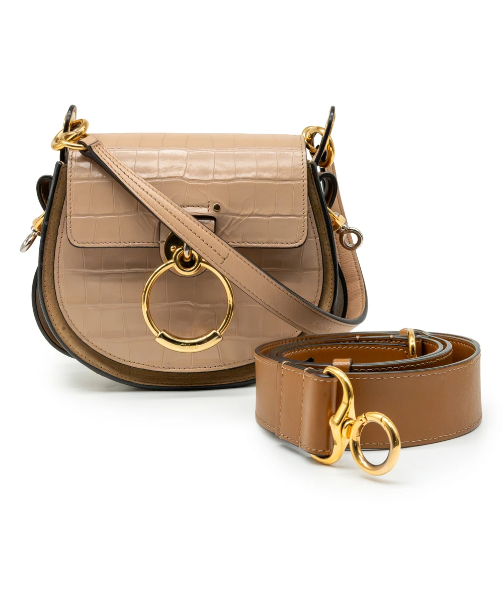 Chloe Tess Small Croc Embossed Leather Crossbody bag In Woodrose / Tan Color