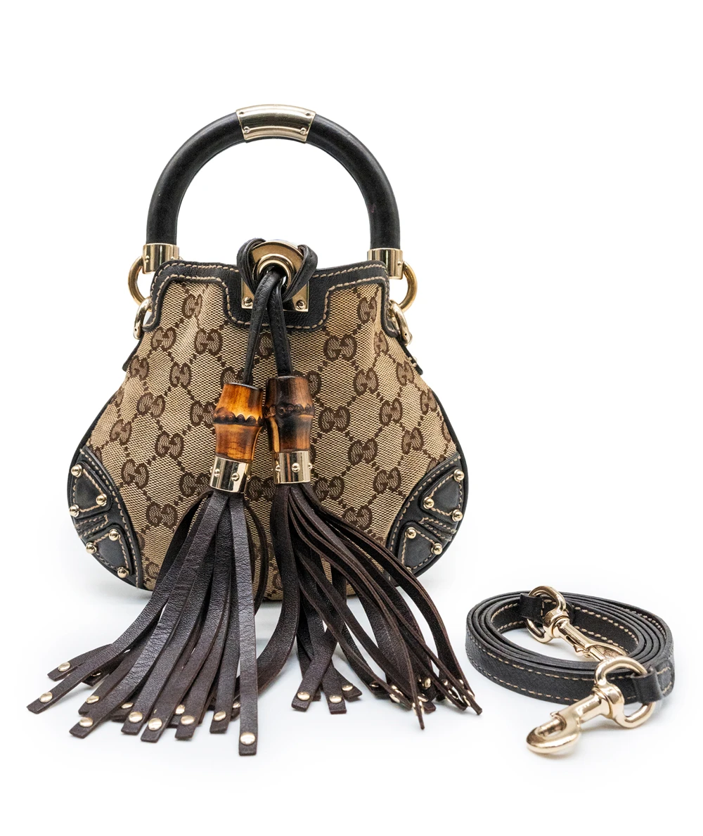 Gucci Monogram Canvas and Leather Mini Indy Top Handle Hobo Bag in Brown and Beige