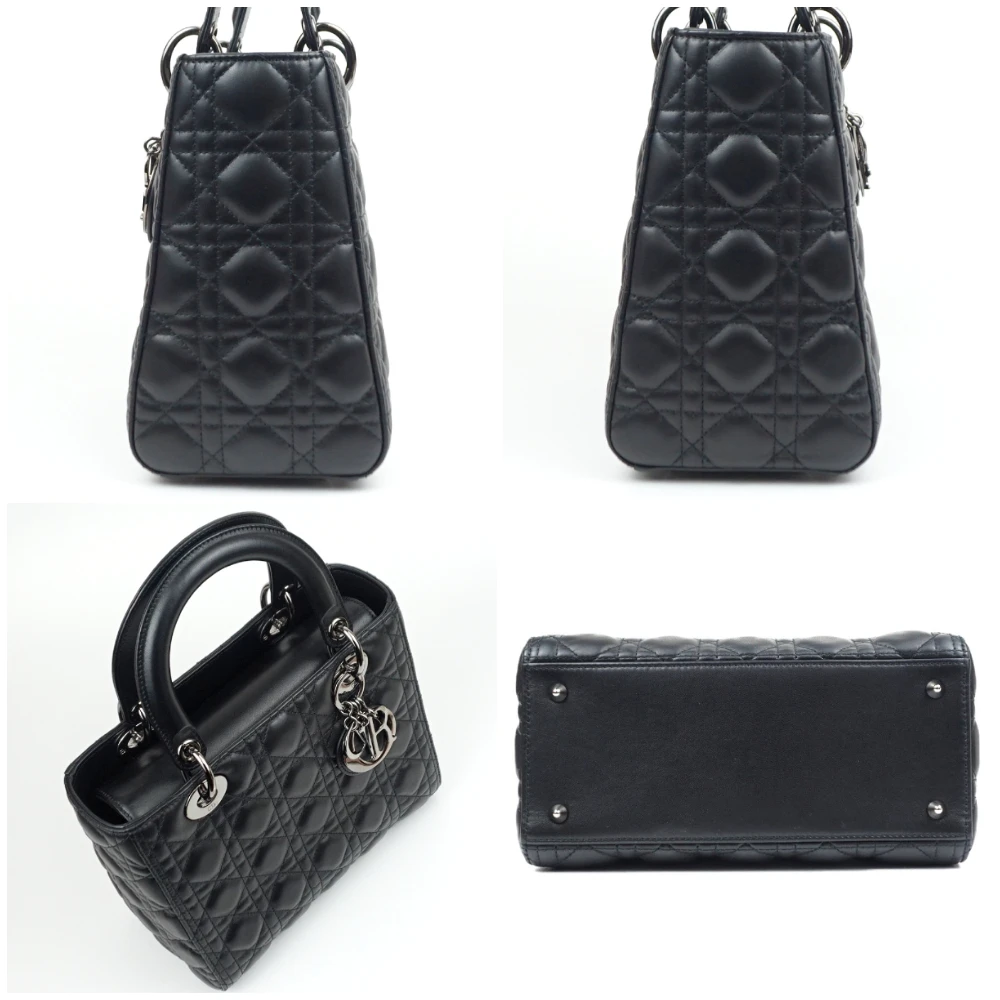 Christian Dior Black Color Cannage Lambskin Leather Medium Lady Dior Satchel Bag