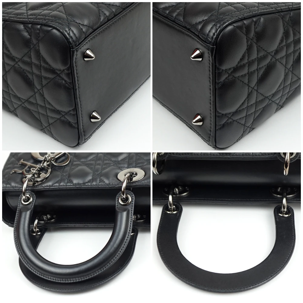 Christian Dior Black Color Cannage Lambskin Leather Medium Lady Dior Satchel Bag