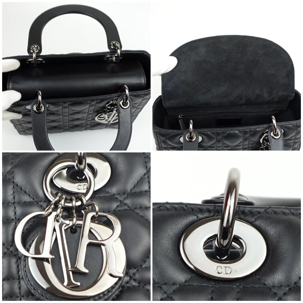 Christian Dior Black Color Cannage Lambskin Leather Medium Lady Dior Satchel Bag