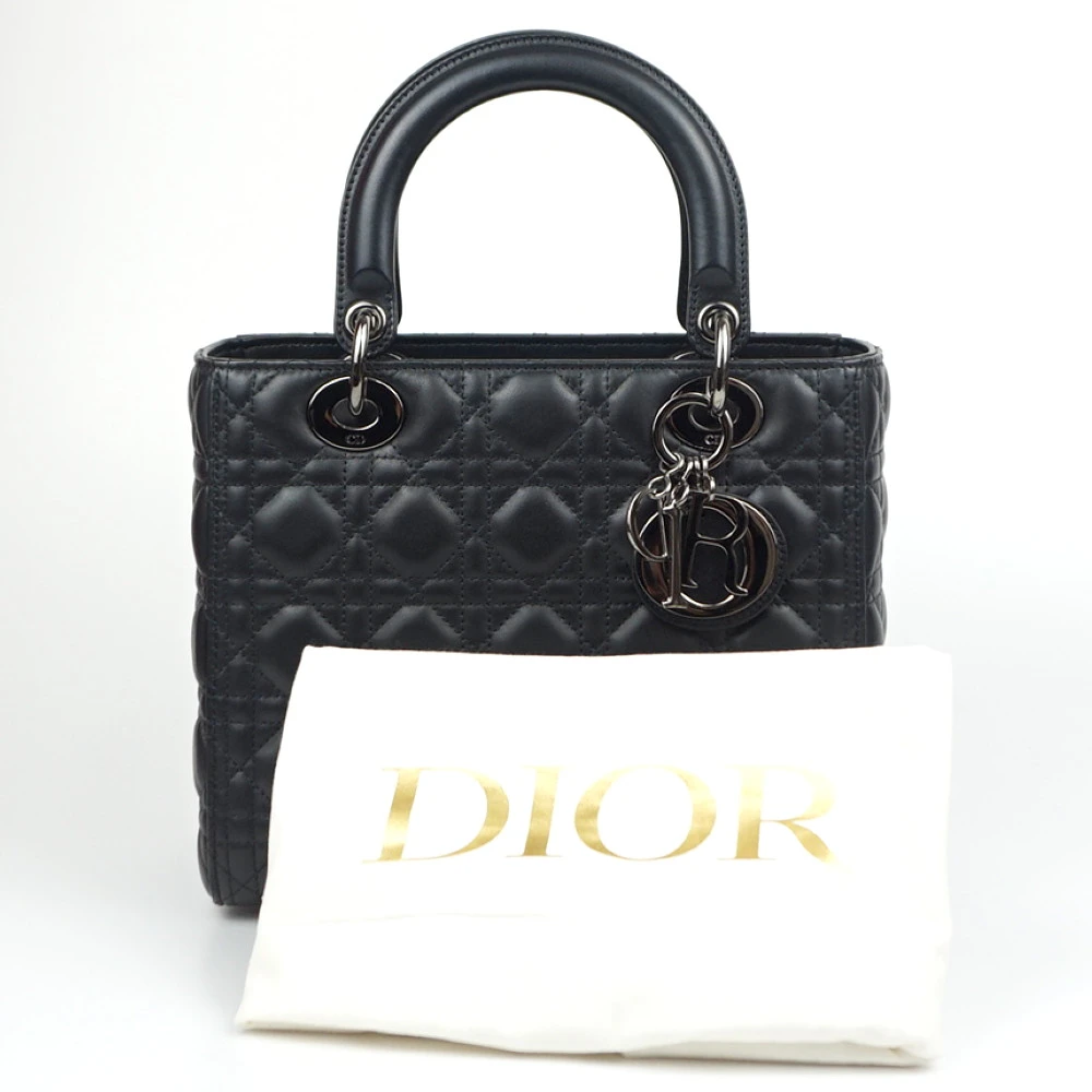 Christian Dior Black Color Cannage Lambskin Leather Medium Lady Dior Satchel Bag