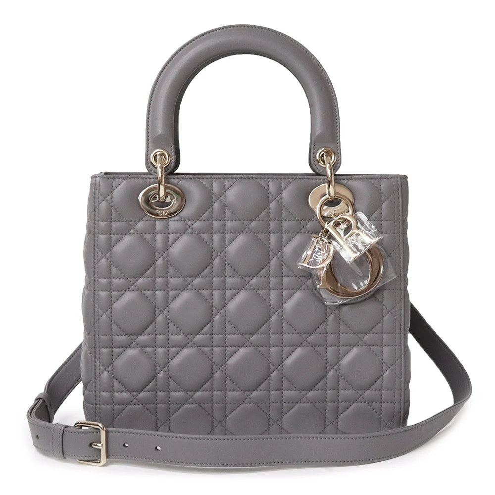 Christian Dior Grey Color Cannage Lambskin Leather Medium Lady Dior Satchel Bag
