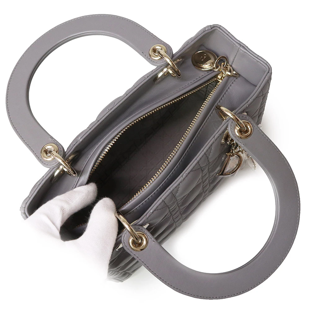 Christian Dior Grey Color Cannage Lambskin Leather Medium Lady Dior Satchel Bag