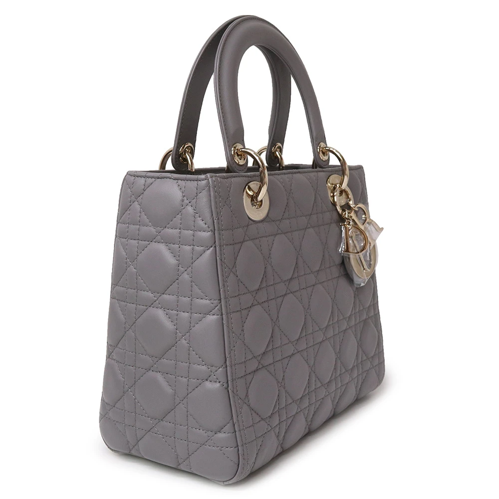 Christian Dior Grey Color Cannage Lambskin Leather Medium Lady Dior Satchel Bag