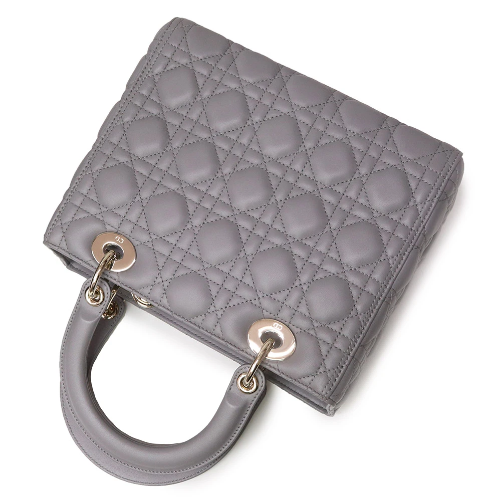 Christian Dior Grey Color Cannage Lambskin Leather Medium Lady Dior Satchel Bag