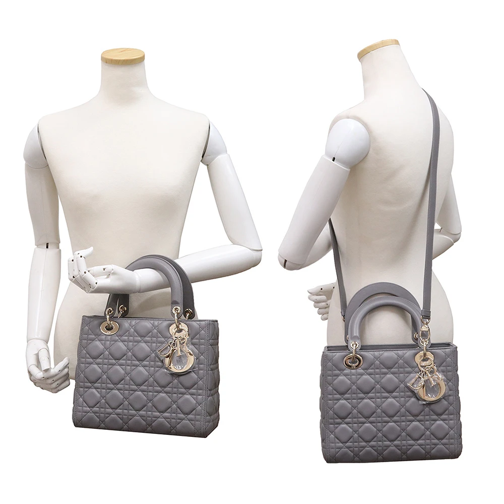 Christian Dior Grey Color Cannage Lambskin Leather Medium Lady Dior Satchel Bag