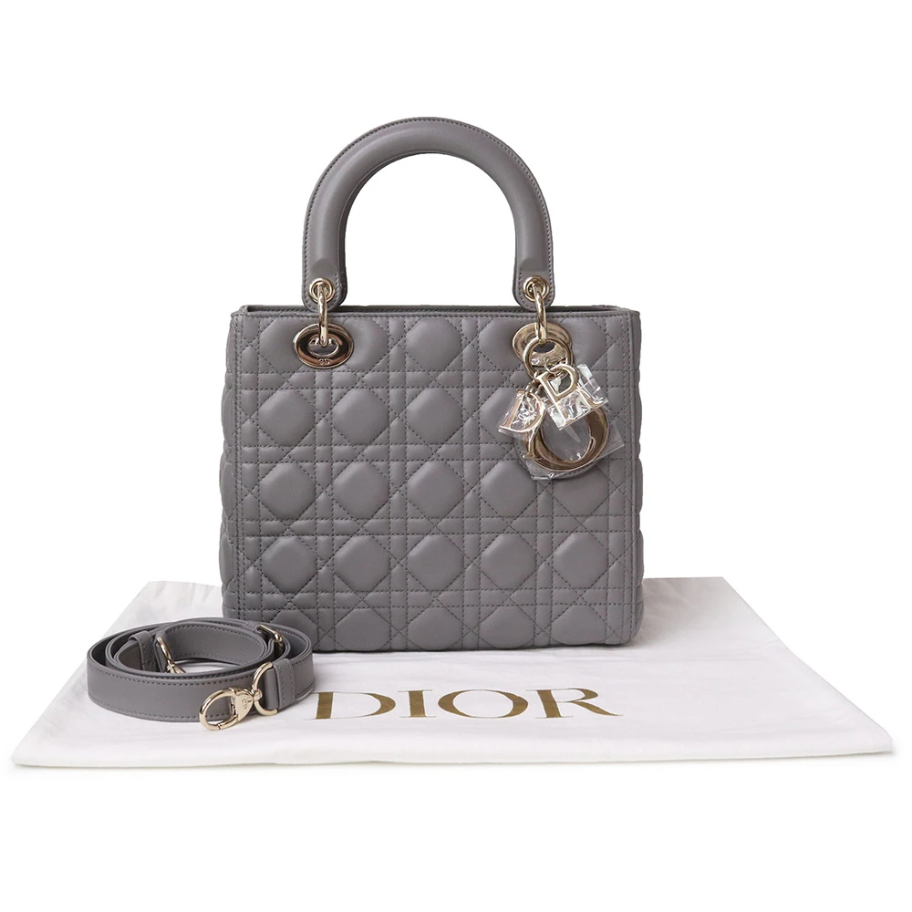 Christian Dior Grey Color Cannage Lambskin Leather Medium Lady Dior Satchel Bag